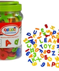 Magnetinių raidžių ir skaičių rinkinys indelyje