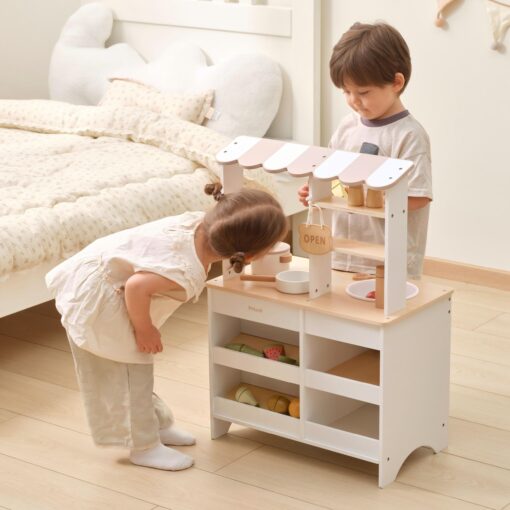 Medinė virtuvėlė ir parduotuvėlė 2in1 VIGA PolarB – balta dvipusė žaidimų stotelė su aksesuarais