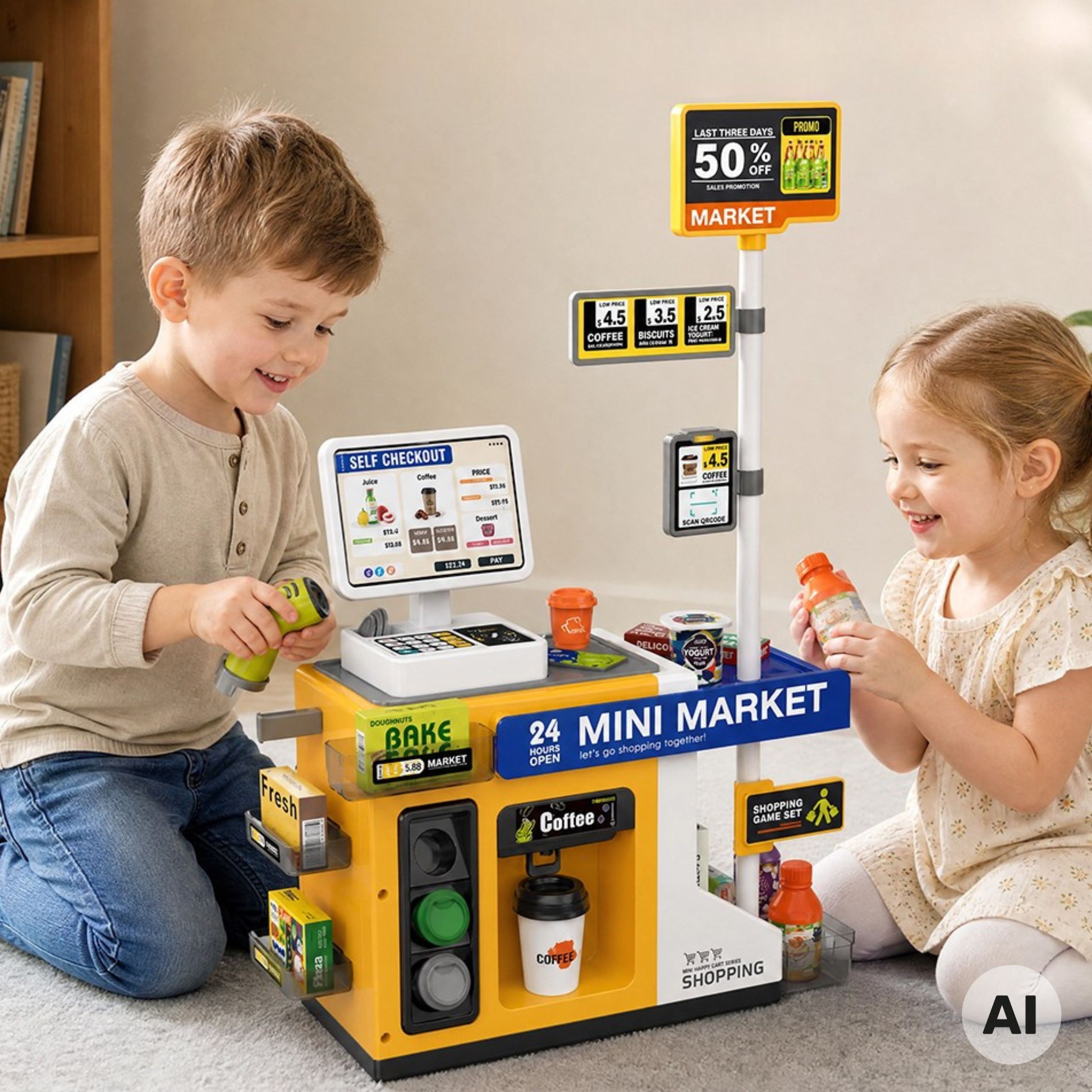 Mini prekybos stendas „Supermarket“ su savitarnos kasa – WOOPIE