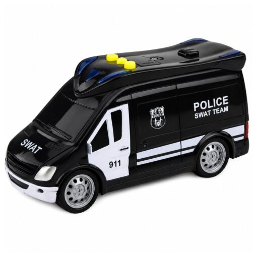 SWAT policijos furgonas su šviesomis ir garsais