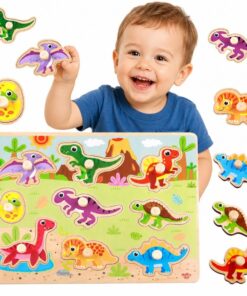 TOOKY TOY medinė dinozaurų dėlionė su laikikliais