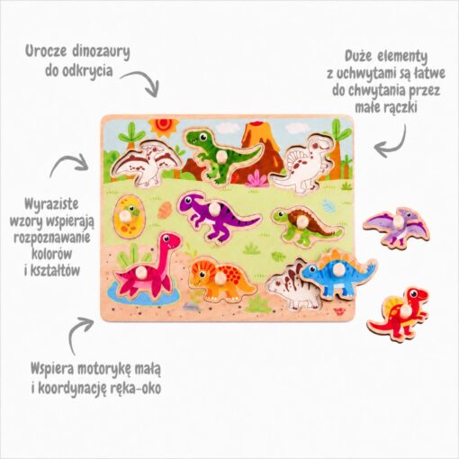 TOOKY TOY medinė dinozaurų dėlionė su laikikliais