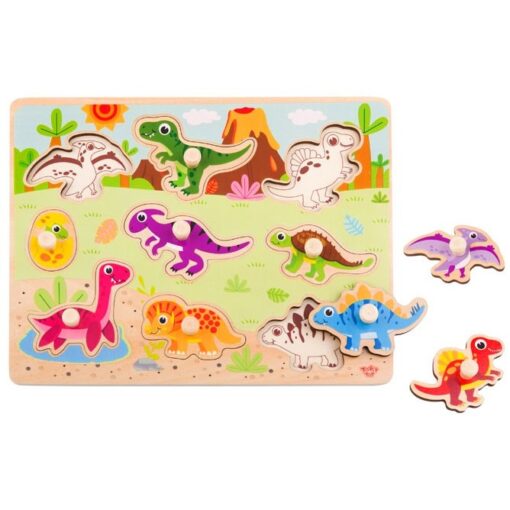 TOOKY TOY medinė dinozaurų dėlionė su laikikliais