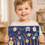 Tooky Toy medinė edukacinė lentelė „Saulės sistema“ su labirintu ir slankiojančiais elementais