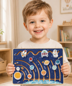 Tooky Toy medinė edukacinė lentelė „Saulės sistema“ su labirintu ir slankiojančiais elementais