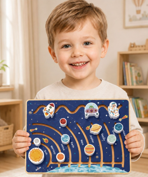 Tooky Toy medinė edukacinė lentelė „Saulės sistema“ su labirintu ir slankiojančiais elementais Tooky Toy medinė edukacinė lentelė „Saulės sistema“ su labirintu ir slankiojančiais elementais