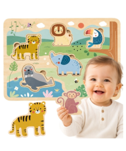 Tooky Toy medinė interaktyvi garsinė dėlionė „Safari“
