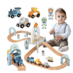 Tooky Toy medinė kosminė traukinio trasa su raketa