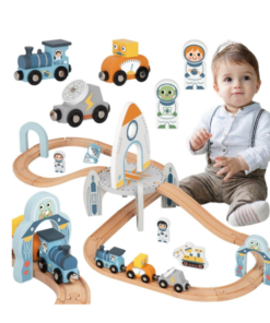 Tooky Toy medinė kosminė traukinio trasa su raketa