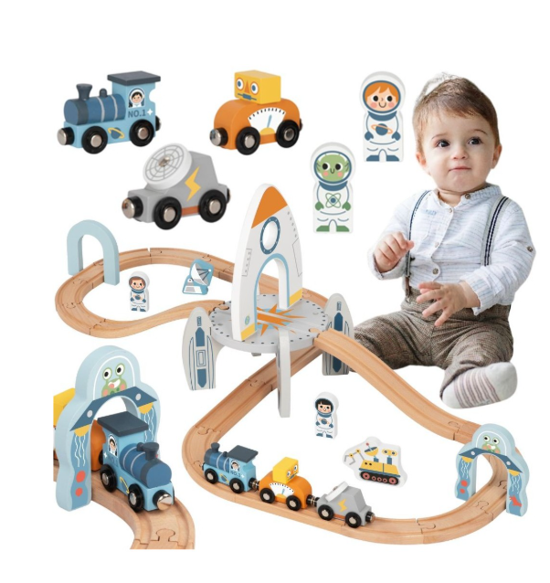 Tooky Toy medinė kosminė traukinio trasa su raketa