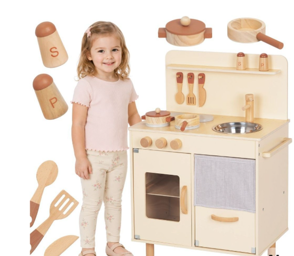 Tooky Toy puidust k&ouml;&ouml;k lastele 10 aksessuaariga, kreemikasbeež