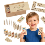 Viga medinis edukacinis domino 2‑in‑1 – su paveikslėliais ir taškeliais