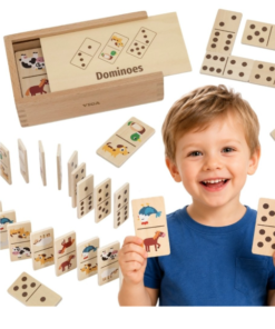 Viga medinis edukacinis domino 2‑in‑1 – su paveikslėliais ir taškeliais