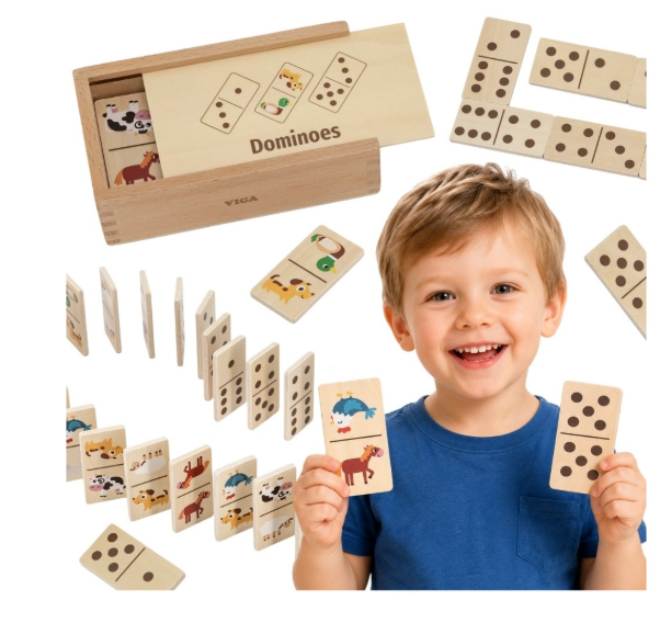 Viga medinis edukacinis domino 2‑in‑1 – su paveikslėliais ir taškeliais