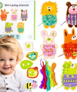 Woopie Green medinė vėrimo dėlionė 5‑in‑1 su gyvūnėliais
