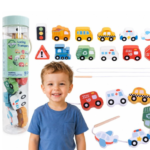 Woopie Green medinė vėrimo dėlionė „Transportas“ su 13 elementų ir virvele