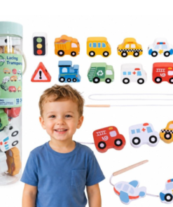Woopie Green medinė vėrimo dėlionė „Transportas“ su 13 elementų ir virvele