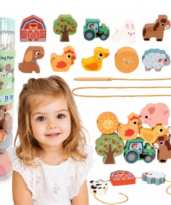 Woopie Green medinė vėrimo dėlionė „Ūkis“ su 13 elementų ir virvele