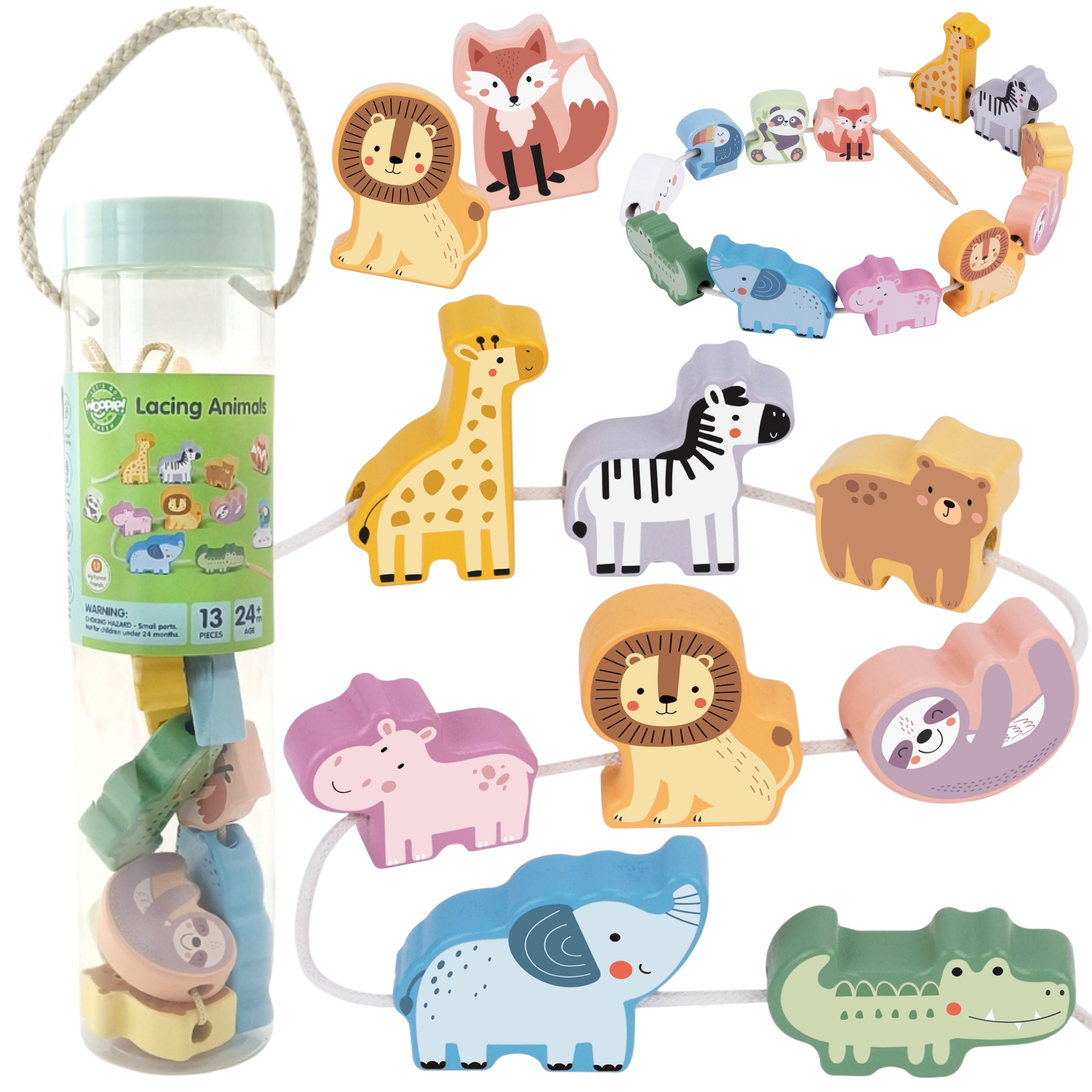 Woopie Green medinis ZOO vėrimo žaislas su 13 elementų Woopie Green medinis ZOO vėrimo žaislas su 13 elementų