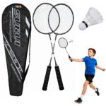 Badmintono rinkinys su 2 juodomis raketėmis ir skrajuku