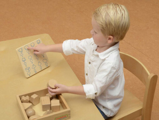 Masterkidz medinis sensorinis kaladėlių rinkinys – 12 geometrinių formų pažinimui per lietimą