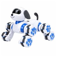 Mėlynas robotas šuo su 8 ratais ir LED akimis