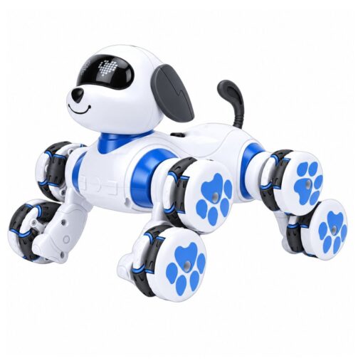 Mėlynas robotas šuo su 8 ratais ir LED akimis