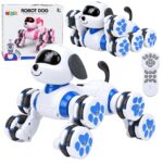 Mėlynas robotas šuo su 8 ratais ir LED akimis