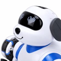 Mėlynas robotas šuo su 8 ratais ir LED akimis