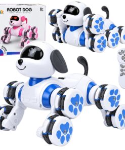 Mėlynas robotas šuo su 8 ratais ir LED akimis