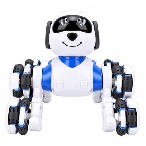 Mėlynas robotas šuo su 8 ratais ir LED akimis