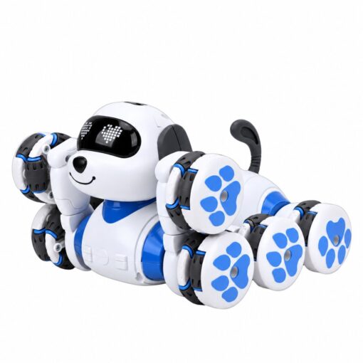 Mėlynas robotas šuo su 8 ratais ir LED akimis