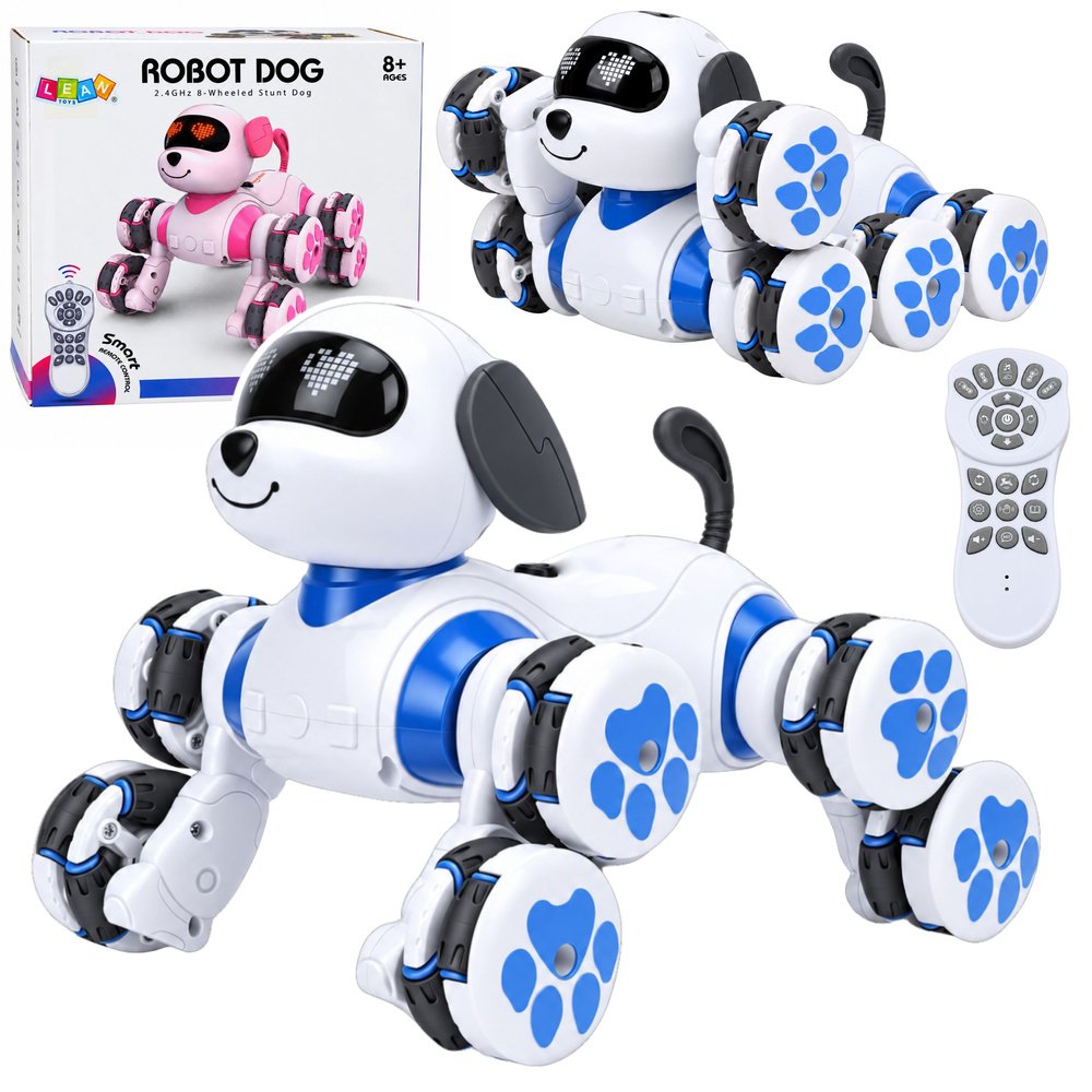 Mėlynas robotas šuo su 8 ratais ir LED akimis Mėlynas robotas šuo su 8 ratais ir LED akimis