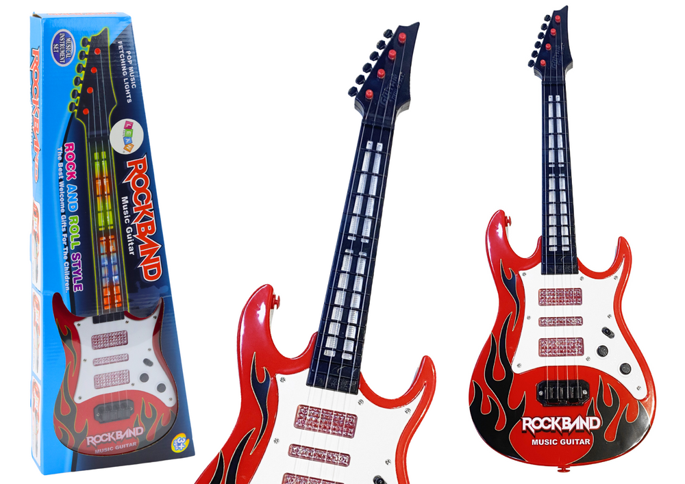 Raudona elektrinė gitara vaikams su šviesomis ir melodijomis