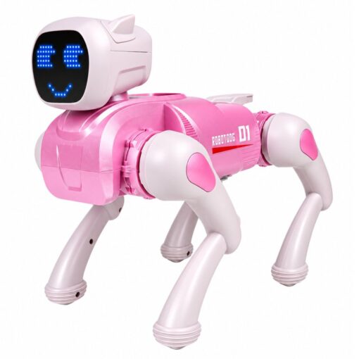 Rožinis AI robotas šuo su LED ekranu