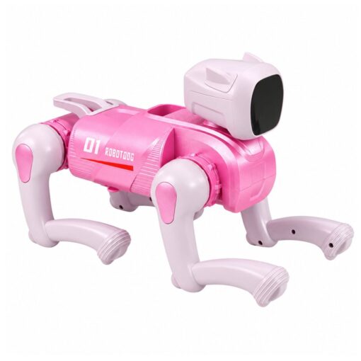 Rožinis AI robotas šuo su LED ekranu