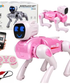 Rožinis AI robotas šuo su LED ekranu
