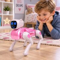 Rožinis AI robotas šuo su LED ekranu