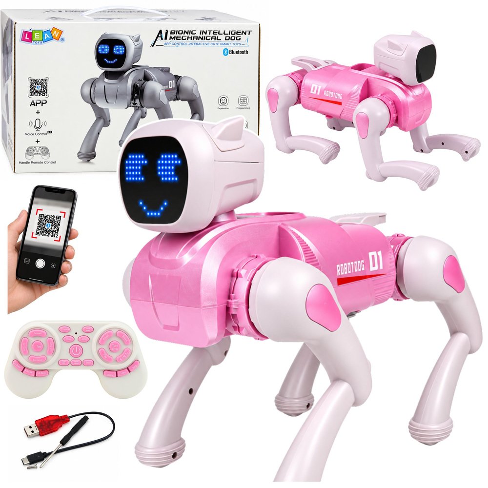 Rožinis AI robotas šuo su LED ekranu Rožinis AI robotas šuo su LED ekranu