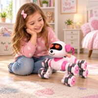 Rožinis robotas šuo su 8 ratais ir LED akimis