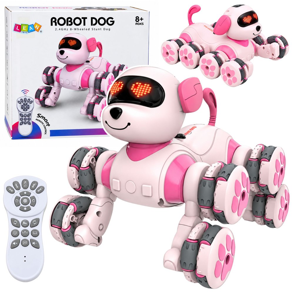 Rožinis robotas šuo su 8 ratais ir LED akimis