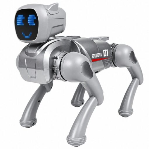Sidabrinis AI robotas šuo su LED ekranu