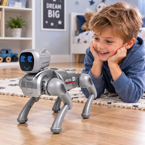 Sidabrinis AI robotas šuo su LED ekranu