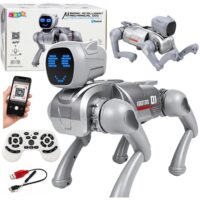 Sidabrinis AI robotas šuo su LED ekranu