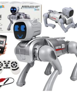 Sidabrinis AI robotas šuo su LED ekranu