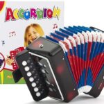 Vaikiškas akordeonas – juodas muzikinis instrumentas su dumplėmis