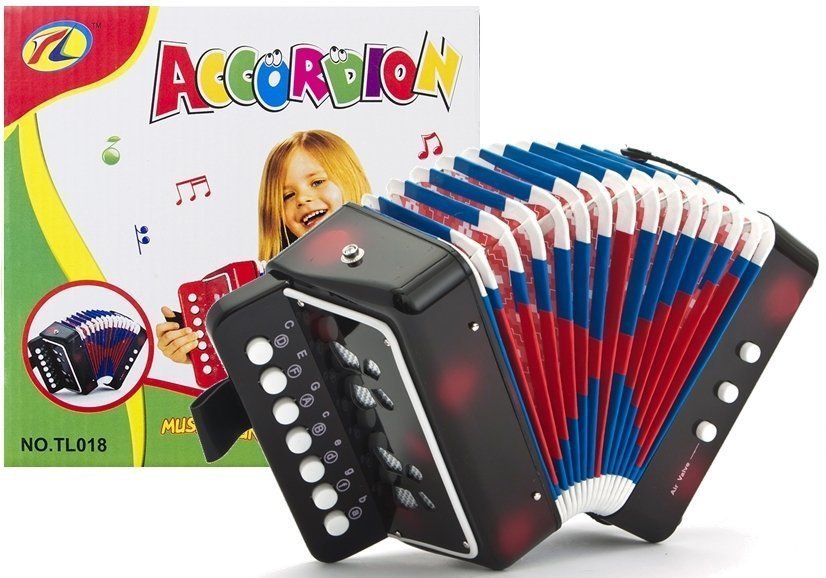 Vaikiškas akordeonas – juodas muzikinis instrumentas su dumplėmis