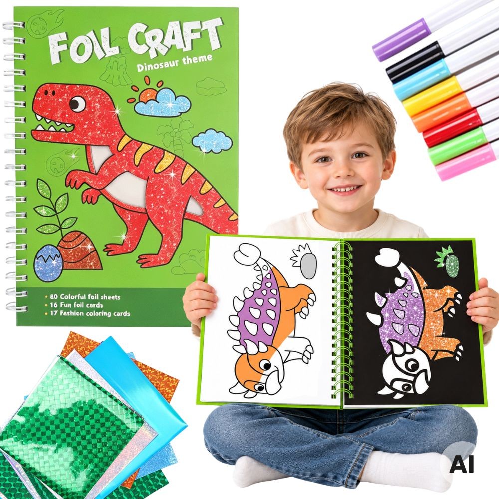 WOOPIE kūrybinis rinkinys „Dinozaurai“ su folija ir flomasteriais WOOPIE kūrybinis rinkinys „Dinozaurai“ su folija ir flomasteriais